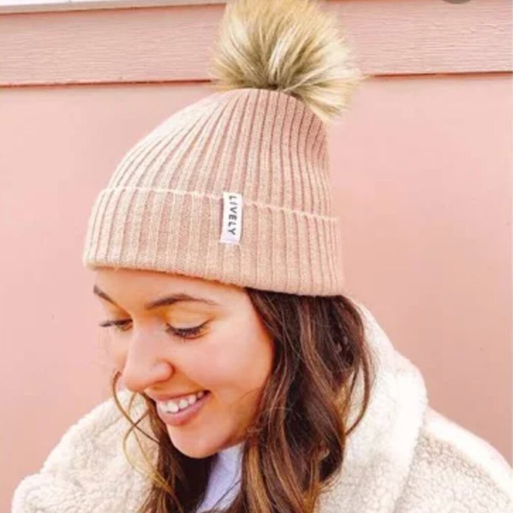 LIVELY The It Girl Pom Beanie Dusty Pink NWT